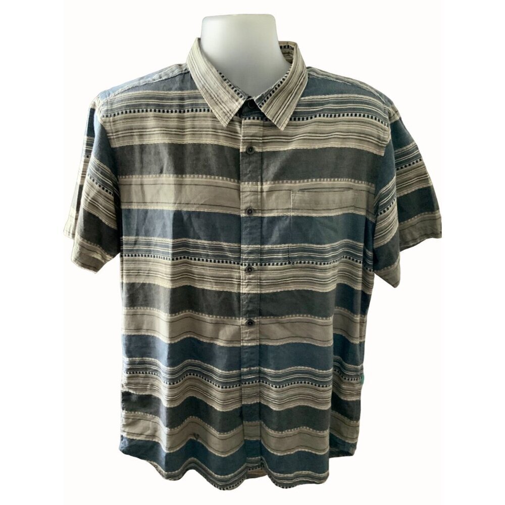Vissla Striped Short Sleeve Casual Button Down Shirt Cotton Blue Tan Mens Large